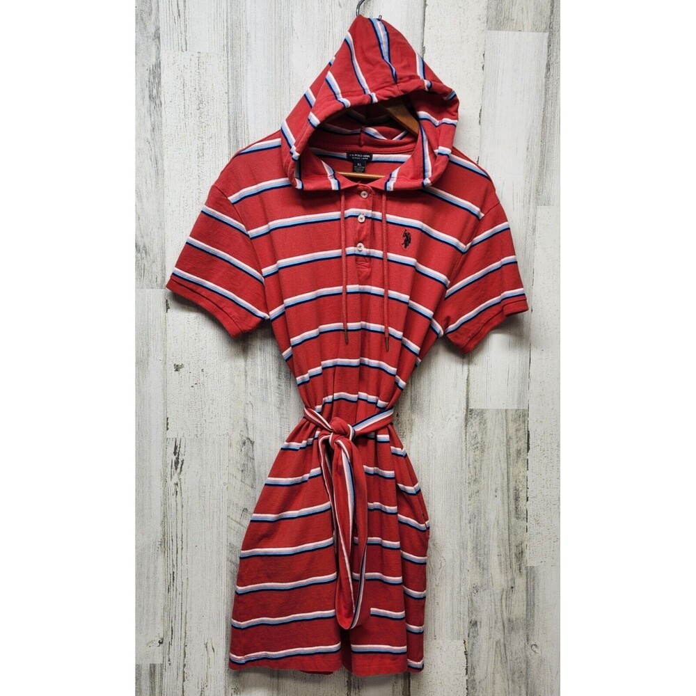 U.S POLO ASSN Dress women XL Red Striped Pockets Hoodie Y2k 90's Streetwear